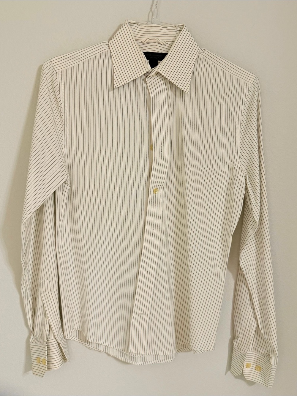 Express Men's Cream Dress Shirt with Thin Black Pinstripes